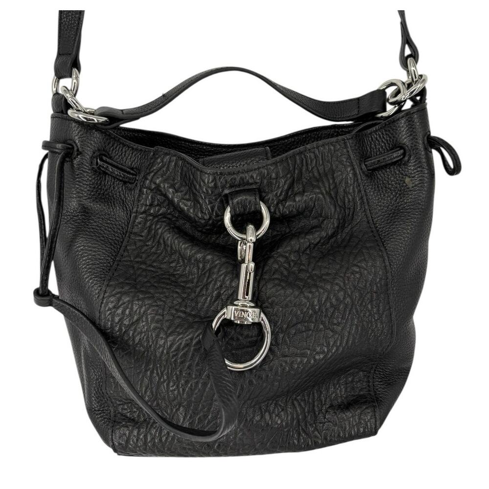 Vince Camuto Pebbled Leather Drastring Crossbody Bag Black Silver Hardware Purse